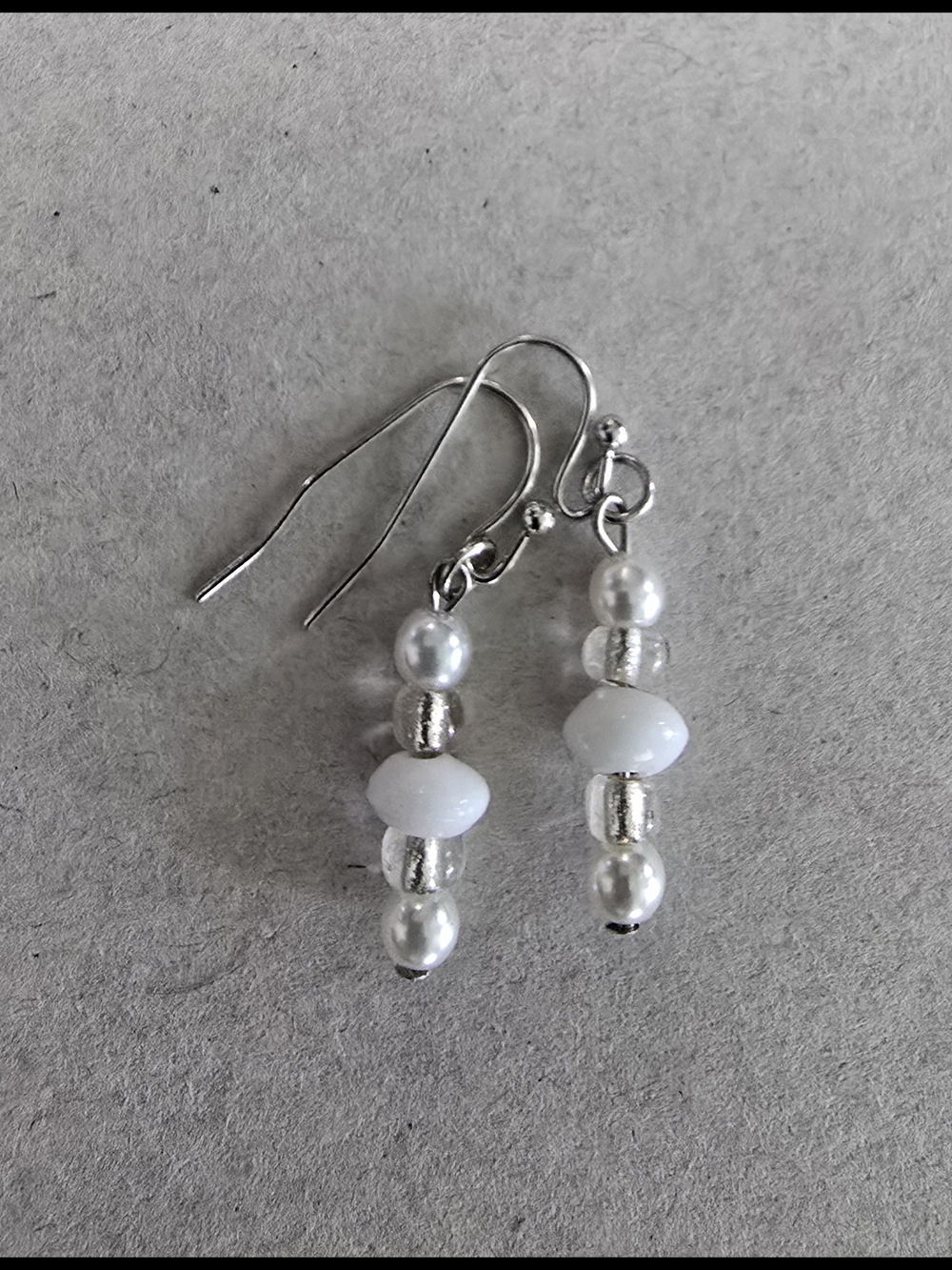White & Silver Beaded Drop Earrings — Elegant Pearl-Style Dangles